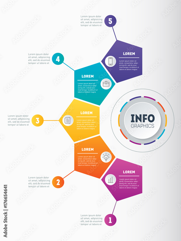 Fototapeta premium Business presentation, infographic or mind map with 5 options. Web Template of a chart, mindmap or diagram with five steps. Vector dynamic infographics of technology or education process.