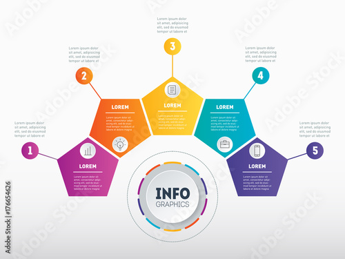 Business presentation, infographic or mind map with 5 options. Vector dynamic infographics of technology or education process. Web Template of a chart, mindmap or diagram. Part of the report.