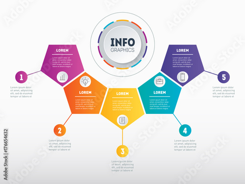 Business presentation, infographic or mind map with 5 options. Web Template of a chart, mindmap or diagram. Vector dynamic infographics of technology or education process. Part of the report.