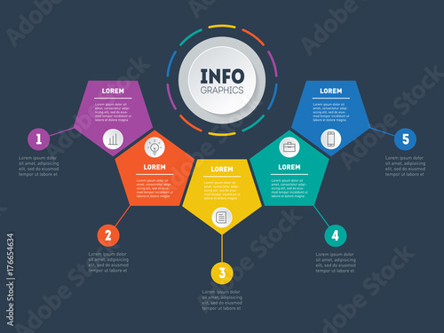 Business presentation, infographic or mind map with 5 options. Vector dynamic infographics of technology or education process with 5 steps. Web Template of a info chart, mindmap or diagram.