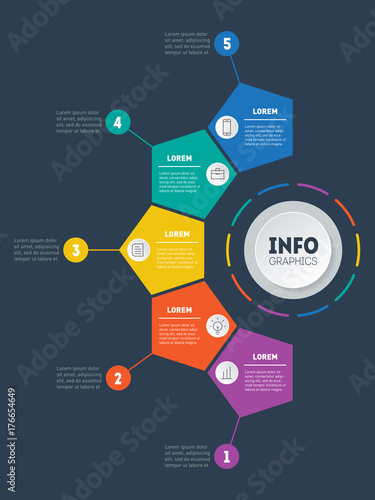 Business presentation, infographic or mind map with 5 options. Vector dynamic infographics of technology or education process with 5 steps. Web Template of a info chart, mindmap or diagram.