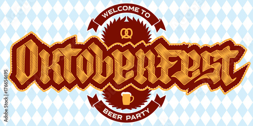 Welcome to Oktoberfest beer party, poster template with a pretzel, beer and pattern on background. Vector illustration with lettering.