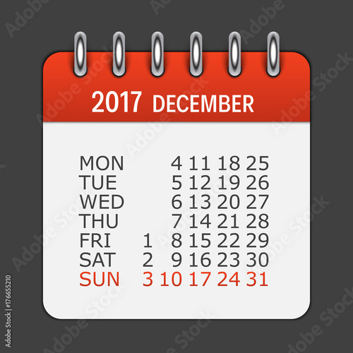 December 2017 Calendar Daily Icon. Vector Illustration Emblem. E