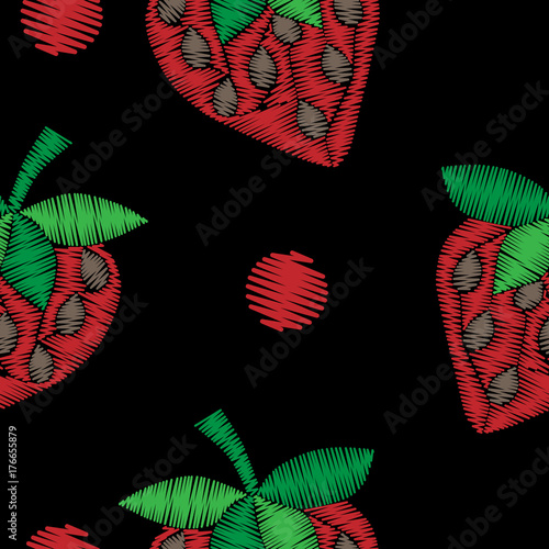 Seamless pattern with strawberry embroidery stitches imitation