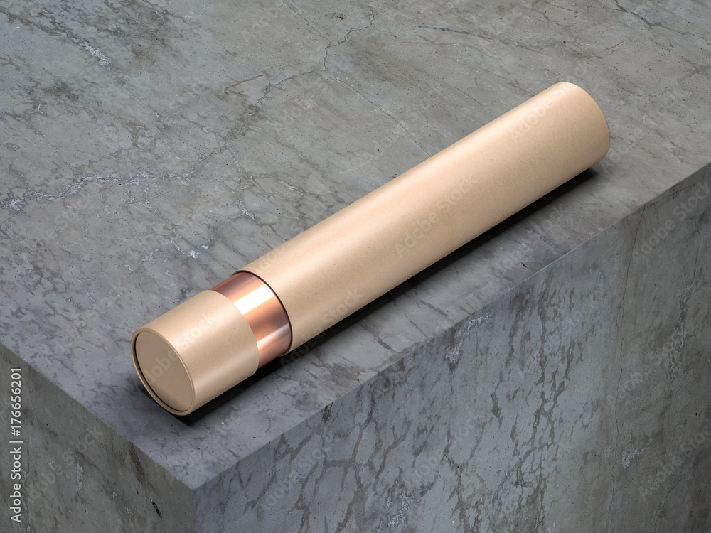 Kraft paper Tube case for design, tin can packaging Mockup with gold foil on concrete table, 3d rendering Kraft paper Tube case for design, tin can packaging Mockup with gold foil on concrete table, 3d rendering