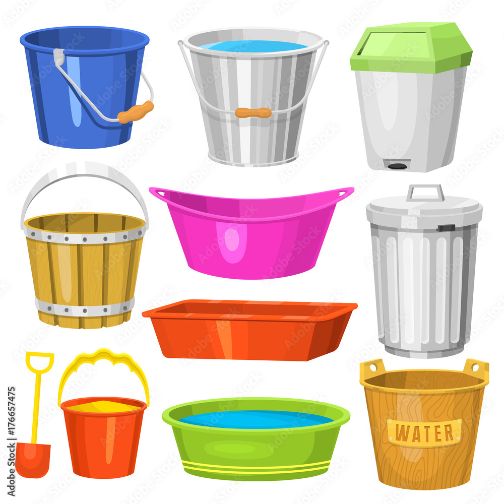 Water buckets handle container equipment household clean plastic empty domestic tool vector illustration Water buckets handle container equipment household clean plastic empty domestic tool vector illustration