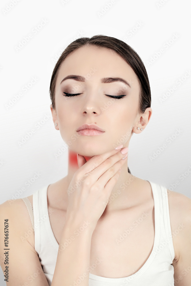 Throat Pain. Ill Woman With Sore Throat Feeling Bad, Suffering From Painful Swallowing, Strong Pain In Throat, Touching Neck With Hand. Beautiful Woman Caught Cold. Health Concept. High Resolution