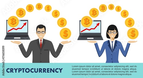 Cryptocurrency concept. Bitcoin mining, exchange, mobile banking. Digital currency electronic money. Businessman and businesswoman with laptop in hand. Relocating bitcoins into dollars. Vector.