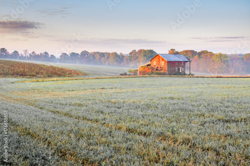 red old barn sunrise golden hour