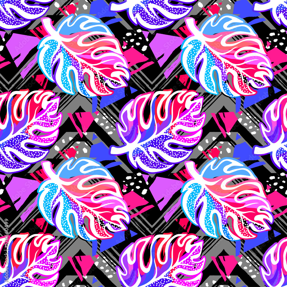 Fototapeta premium Tropical seamless exotic leaves vector pattern.