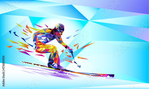 The polygonal colorful figure of a young man snowboarding with on a white and blue background. Vector illustration.