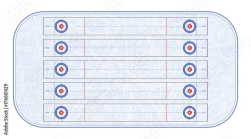 Curling stadium top view. Winter sport. Sport game. Textures blue ice. Ice rink. Vector illustration background.