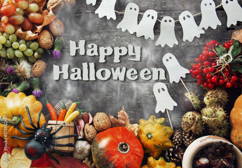 happy Halloween card - traditional holiday table ornament decoration. space for text 