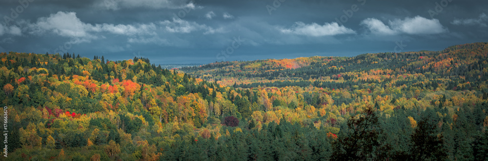 Picturesque view on valley of Gaujas national park. Trees changing colors in foothills. Colorful Autumn day at city Sigulda in Latvia. Picturesque view on valley of Gaujas national park. Trees changing colors in foothills. Colorful Autumn day at city Sigulda in Latvia.