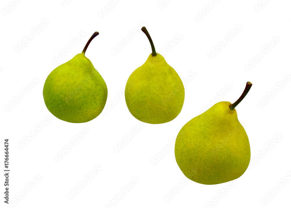 Three fresh green pears. Group of juicy ripe fruits isolated on white background with clipping path Three fresh green pears. Group of juicy ripe fruits isolated on white background with clipping path