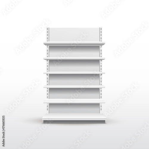 White empty store shelves. Retail shelf rack. Showcase display. Mockup template ready for your design. Vector illustration. Isolated on white background