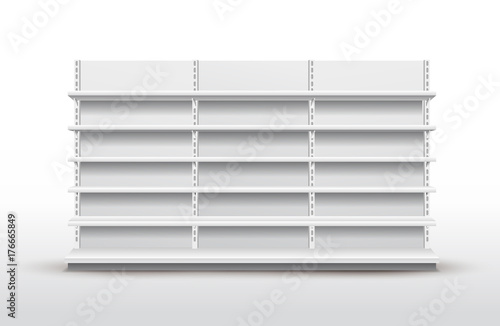 White empty store shelves. Retail shelf rack. Showcase display. Mockup template ready for your design. Vector illustration. Isolated on white background