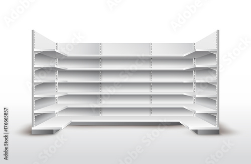 White empty store shelves. Retail shelf rack. Showcase display. Mockup template ready for your design. Vector illustration. Isolated on white background