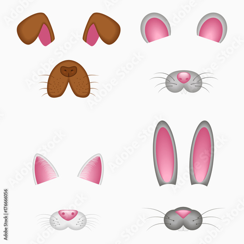 Animal face elements - ears and nose. Dog, mouse, cat, bunny, rabbit or hare. Selfie photo and video chart filter with cartoon animals mask. Vector illustration.