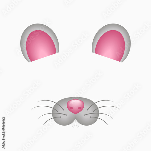 Mouse face elements - ears, nose and teeth. Selfie photo and video chart filter with cartoon animals mask. Vector illustration.