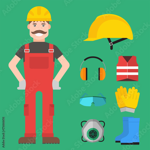 Safety industrial man gear tools flat vector illustration body protection worker equipment factory engineer clothing.