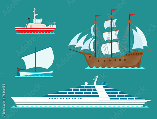 Ship cruiser boat sea symbol vessel travel industry vector sailboats cruise set of marine icon