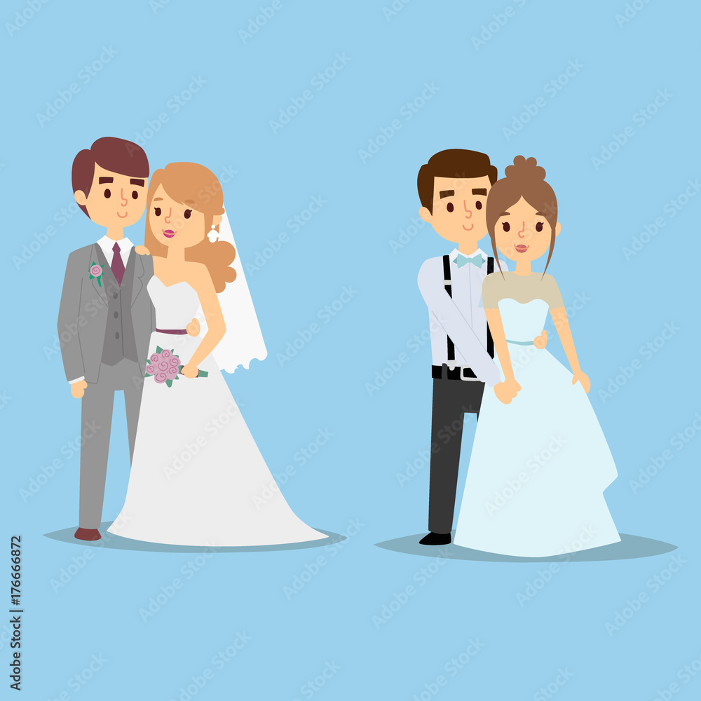 Wedding couple vector beautiful model girl in white dress and man in suit bride illustration