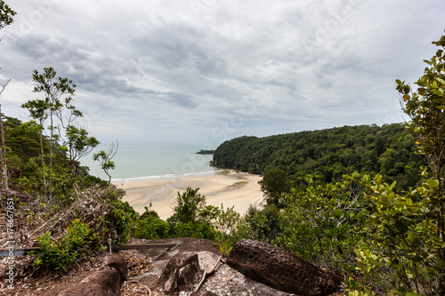 A deserted beach surrounded by tropical jungle