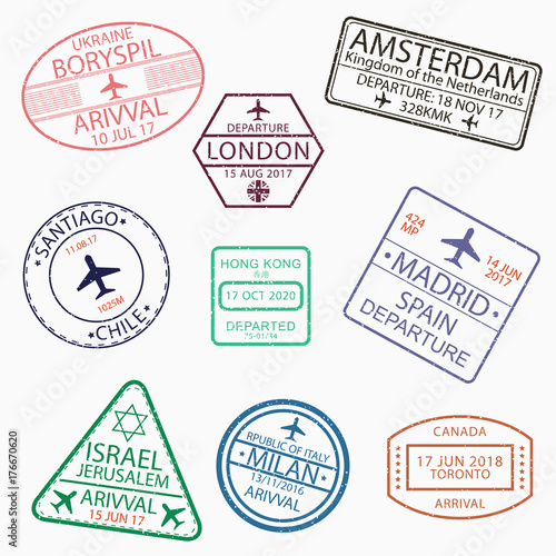 Visa passport stamps for travel to Canada, Ukraine, Netherlands, Great Britain, Chile, Hong Kong, Spain, Israel, Italy. Airport sign with airplane. Vector illustration.