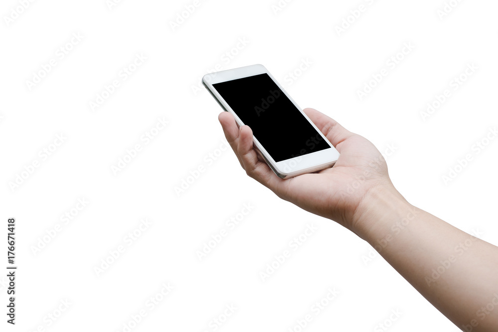 Man hand holding the white smartphone isolated on white with clipping path. Man hand holding the white smartphone isolated on white with clipping path.