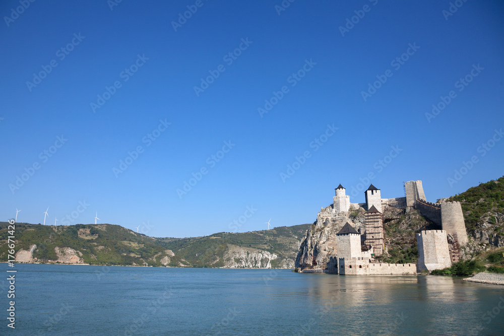 Golubac Fortress (Golubacka trvdjava, or Goluback Grad) taken during a sunny afternoon. The Golubac Castle was a medieval fortified town on the Danube River,  downstream from current city of Golubac