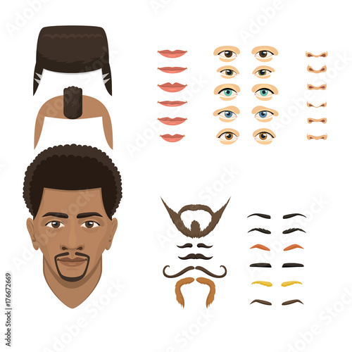 Man face emotions constructor parts eyes, nose, lips, beard, mustache avatar creator vector cartoon character creation spare parts spares animation.