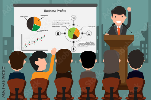 Business seminar or meeting partner. Businessman in suit and tie making presentation explaining charts on a white board. Flat style vector cartoon illustration.