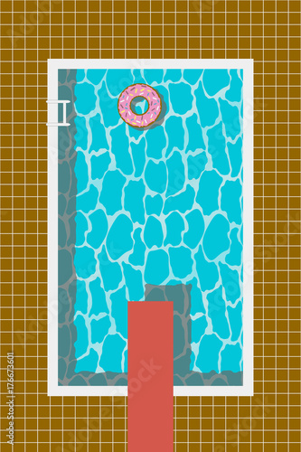 Swimming pool with inflatable swim ring in donut form and springboard for jump. Vector illustration.