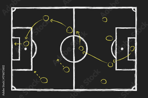 Soccer game strategy. Chalk hand drawing with football tactical plan on blackboard . Vector illustration.