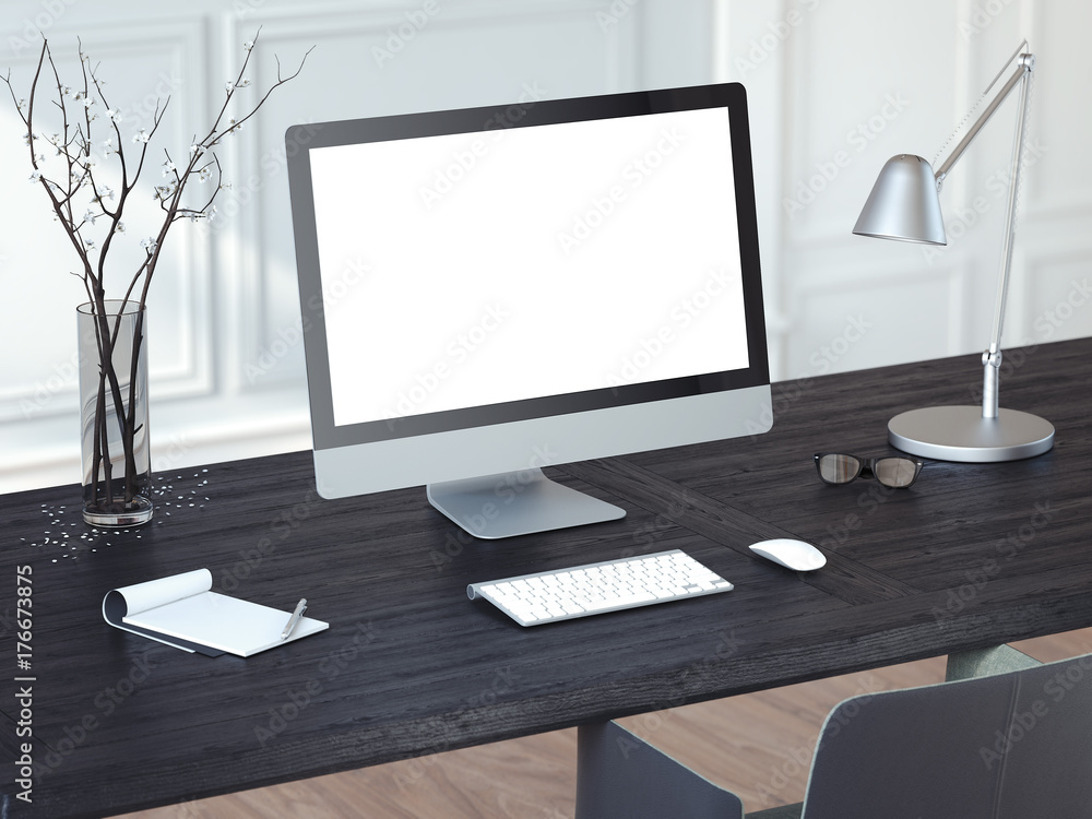 Fototapeta premium Modern computer on the black wooden table. 3d rendering