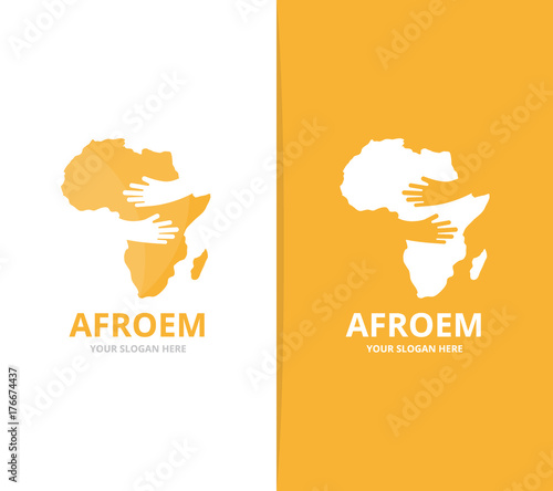 Vector africa and hands logo combination. Safari and embrace symbol or icon. Unique geography, continent and hug logotype design template.