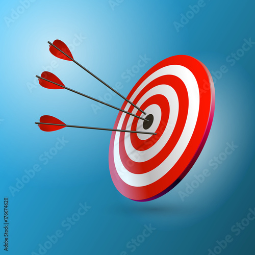 Arrows hitting a target. One target and three arrows. Business goal concept. Isolated vector illustration