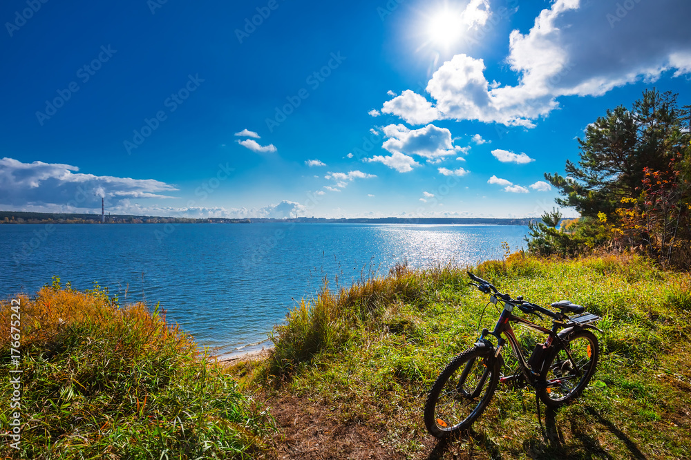 Fototapeta premium Autumn landscape with a Bicycle. Ob reservoir, Novosibirsk region, Berdsk, Siberia, Russia