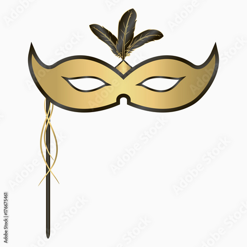 Venetian carnival face mask with feathers and handle. Decoration for masquerade party. Vector illustration.