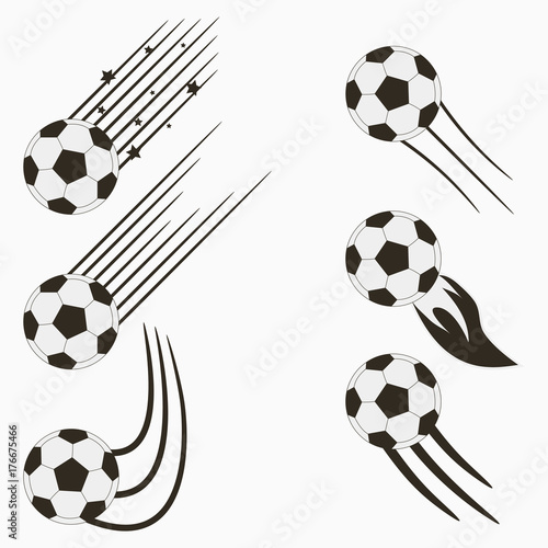 Soccer or European Football flying balls set with speed motion trails. Graphic design for sports logo. Vector illustration.