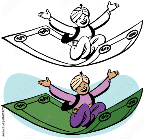 A man in a turban rides a magic carpet made out of a dollar bill