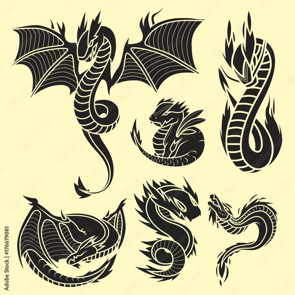 Chinese dragon silhouettes tattoo mythology tail monster magic icon ...