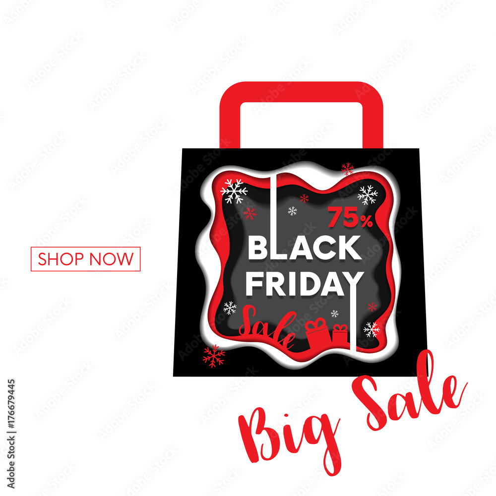 Black Friday big sale in abstract multi layers including white, red, grey colors papercut art and craft style poster concept design with little gift boxes in shopping bag. Vector Illustration
