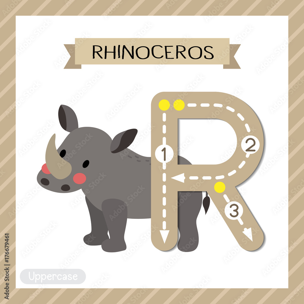Letter R uppercase cute children colorful zoo and animals ABC alphabet  tracing flashcard of Standing Rhinoceros for kids learning English  vocabulary and handwriting vector illustration. Stock Vector | Adobe Stock