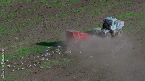 Tractor At Work. birds are flying behind the tractor. Aerial view