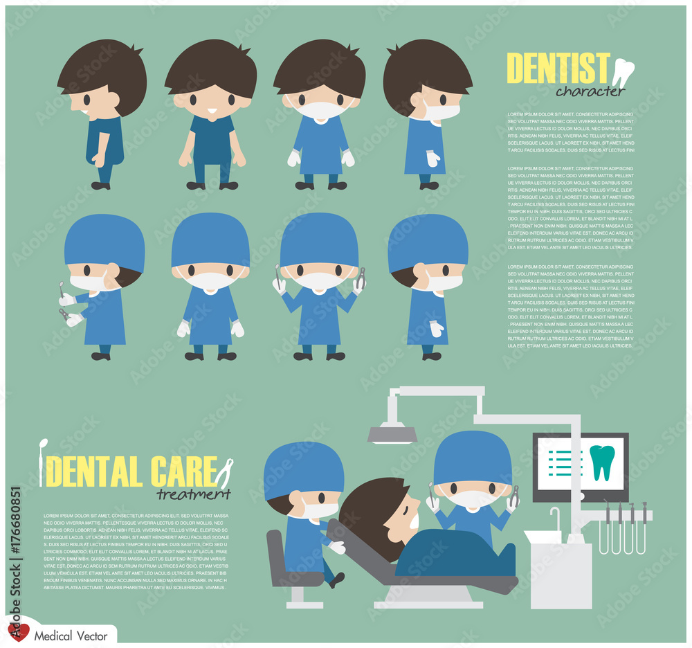 Dentist cartoon character and Dental care unit in hospital . Vector . Flat design Dentist cartoon character and Dental care unit in hospital . Vector . Flat design