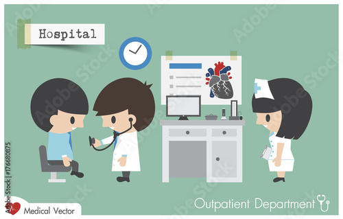 Outpatient department ( OPD ) in hospital . Doctor ( Cardiologist ) use stethoscope to exam patient . Vector . Flat design