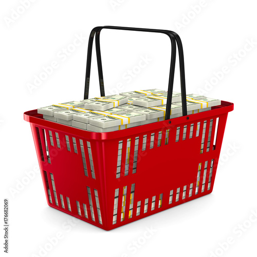Red shopping basket with money on white background. Isolated 3d illustration