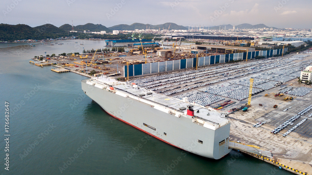 New cars ready to ship in the port of Thailand